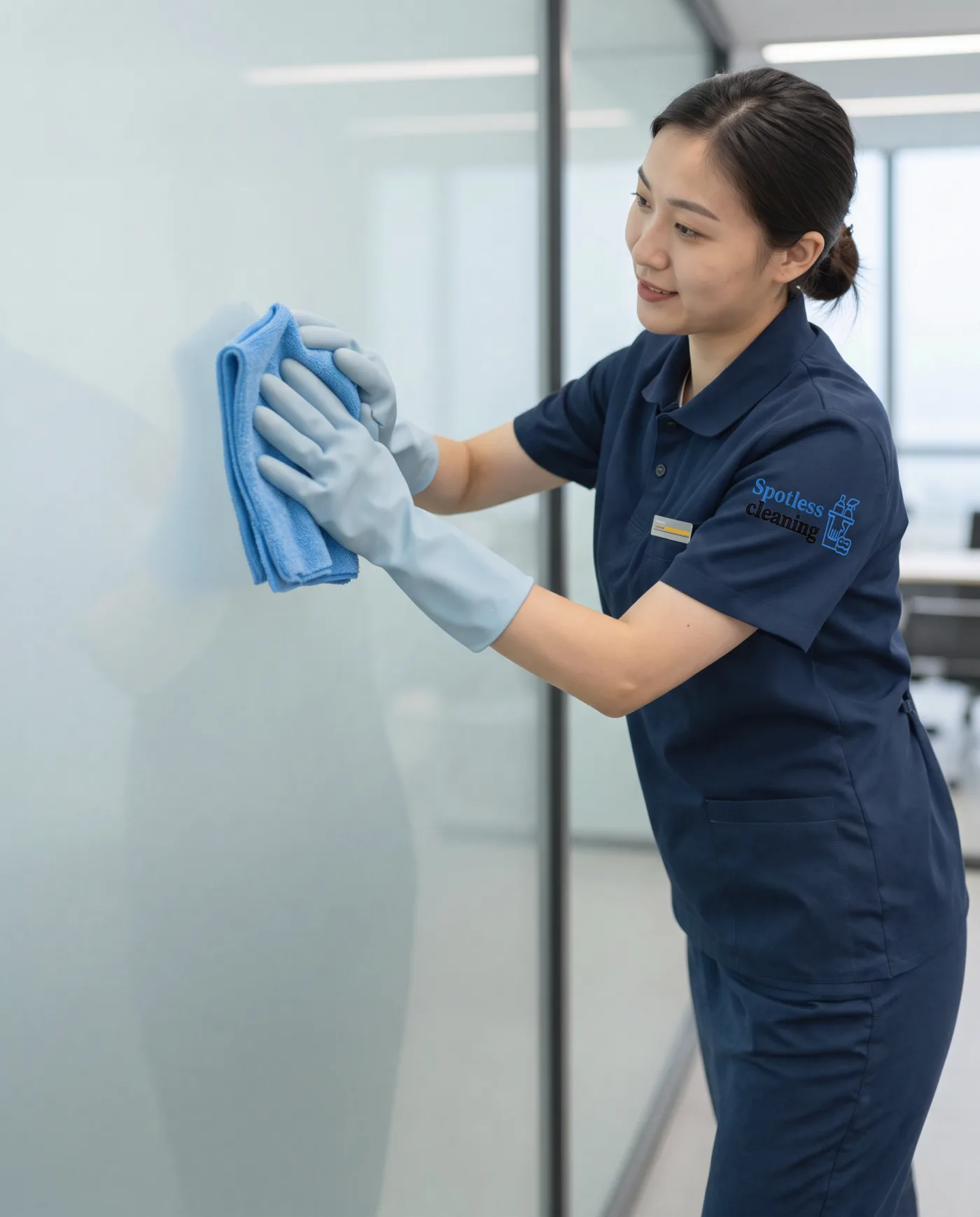 Spotless cleaner polishing a glass office partition
