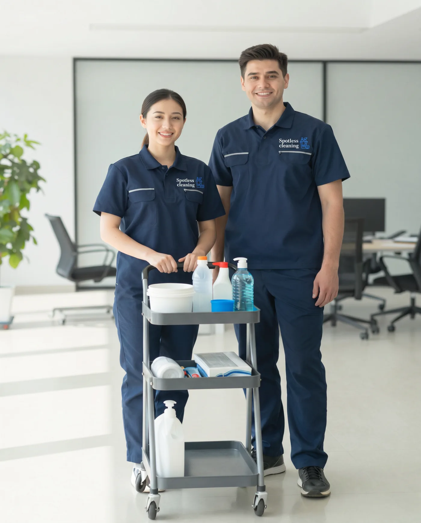 The Spotless team with their cleaning cart in a bright office